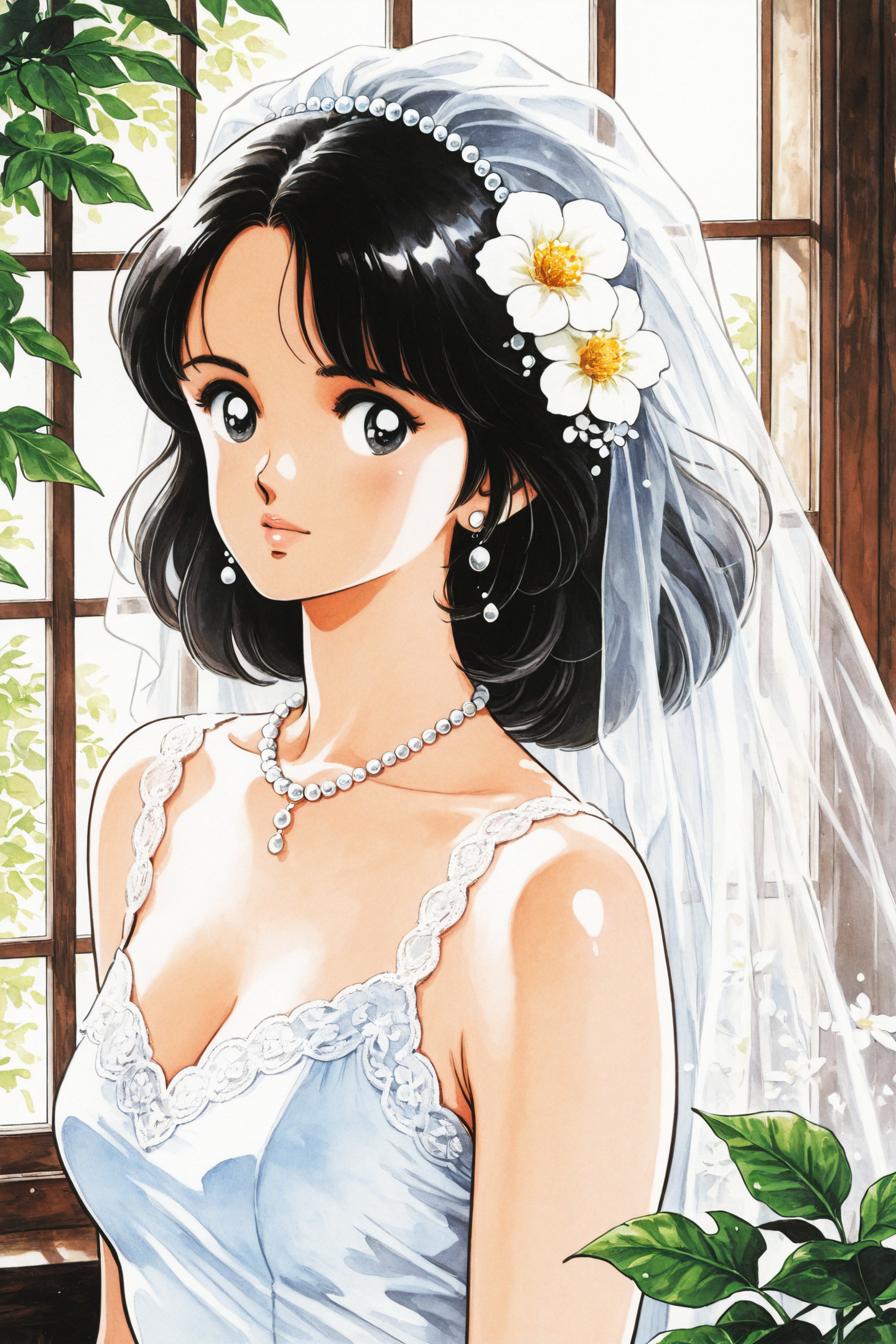 42245-2464479266-1girl,jewelry,solo,flower,necklace,black hair,dress,medium hair,hair ornament,veil,hair flower,white flower,wedding dress,window.png